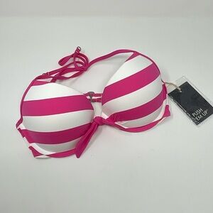 Billy Hicks Push Em Up pink White Stripe Bikini Top Size Large NWT G16